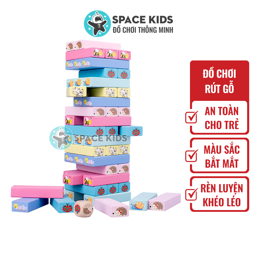 Đồ chơi trẻ em Space Kids Rút gỗ 51 chi tiết kèm xúc xắc in hình con vật (loại cao cấp), chất liệu gỗ tự nhiên, nhiều màu sắc