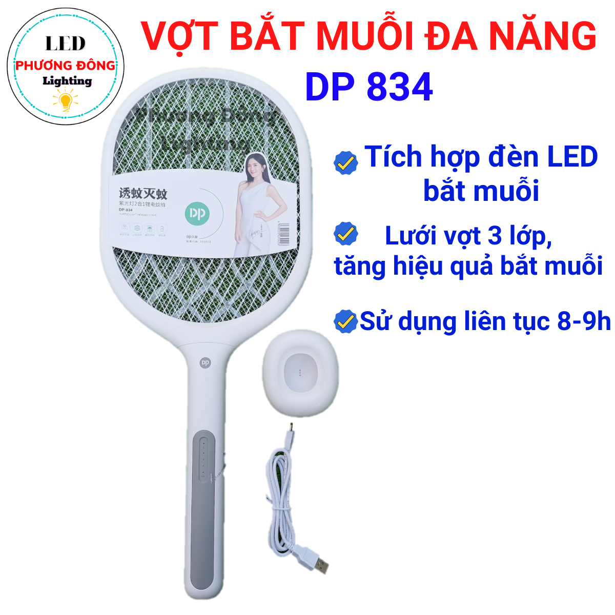 Vợt bắt muỗi kết hợp đèn LED bắt muỗi - cáp sạc USB Loại Tốt