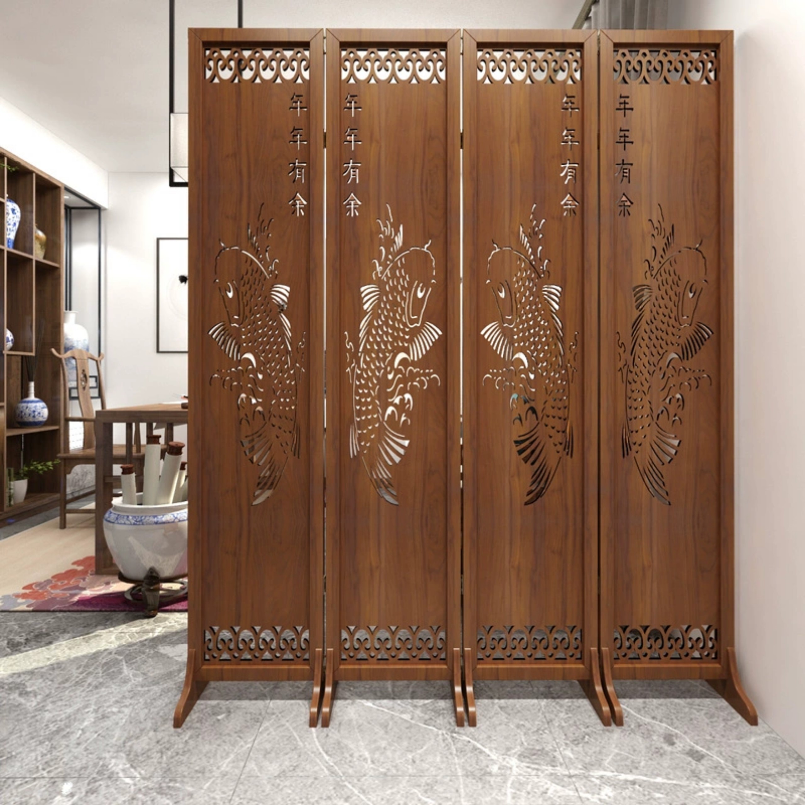 Vách ngăn bình phong cá chép - Tặng kèm 2 chân - thiết kế hoa văn theo yêu cầu - Chất liệu ván chống ẩm 8li viền 5cm