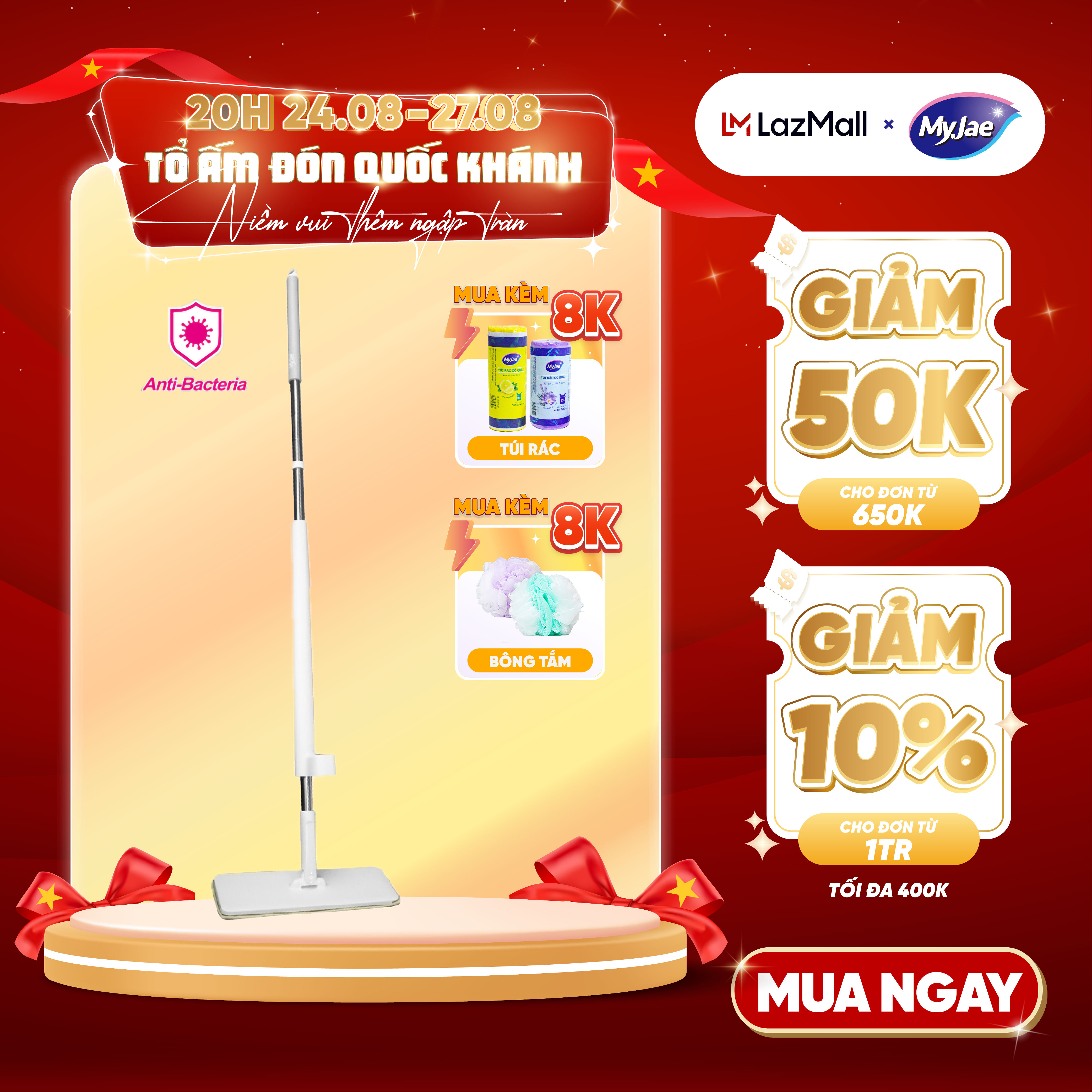 Cây lau nhà myjae đài loan sợi microfiber tự vắt kháng khuẩn ag+ 120cm