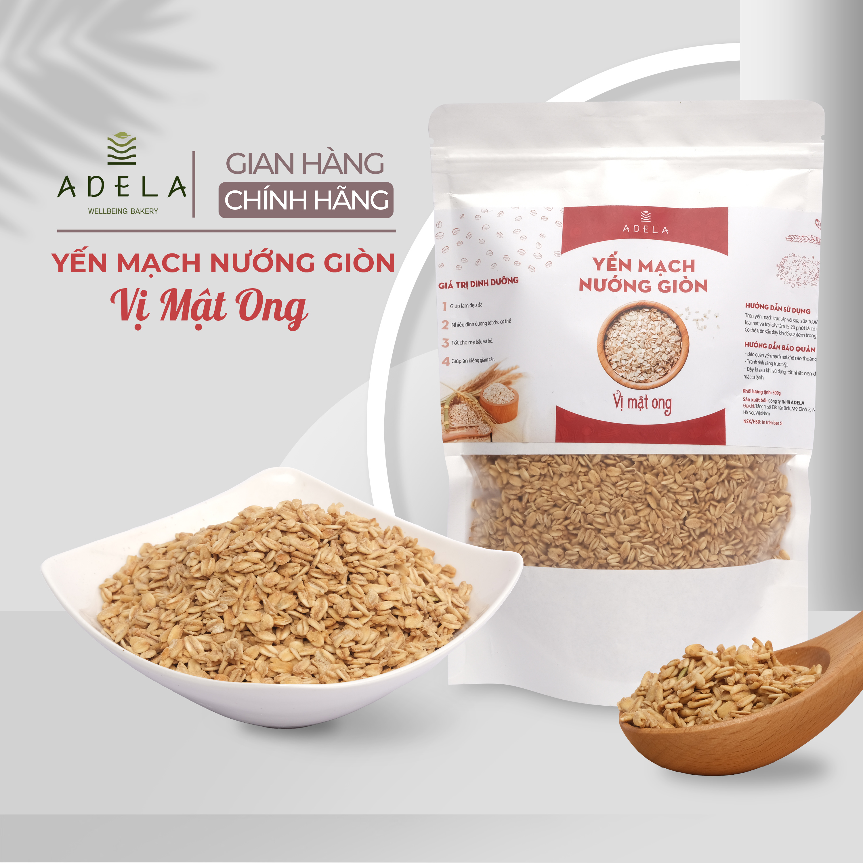 Yến mạch nướng giòn ADELA vị mật ong, hạt ngũ cốc dinh dưỡng cho người ăn kiêng giảm cân