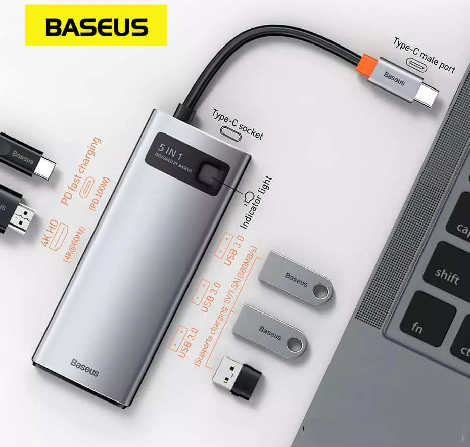Hub chuyển Baseus chính hãng USB Type-C Ra USB 3.0, HDMI 4K, Lan - 5in1 , 6in1 và 8in1