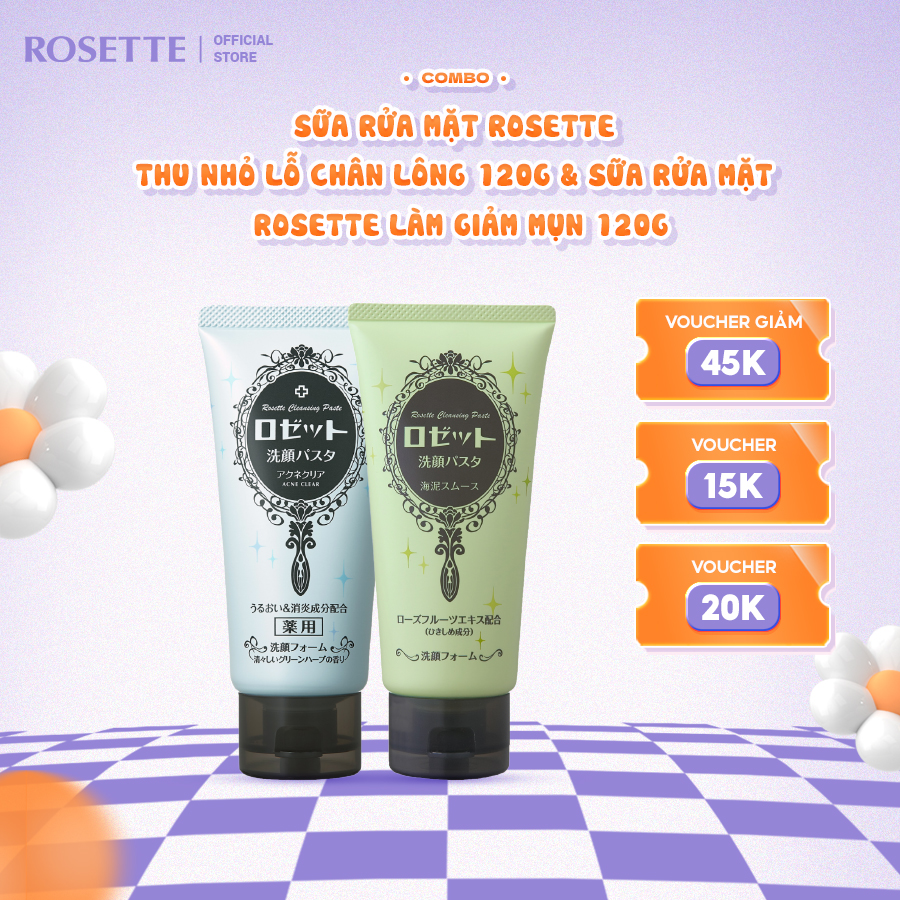 Combo Sữa Rửa Mặt Rosette Thu Nhỏ Lỗ Chân Lông Face Wash Pasta Sea Clay Smooth 120G Và Sữa Rửa Mặt Rosette Làm Giảm Mụn Face Wash Pasta Acne Clear 120G