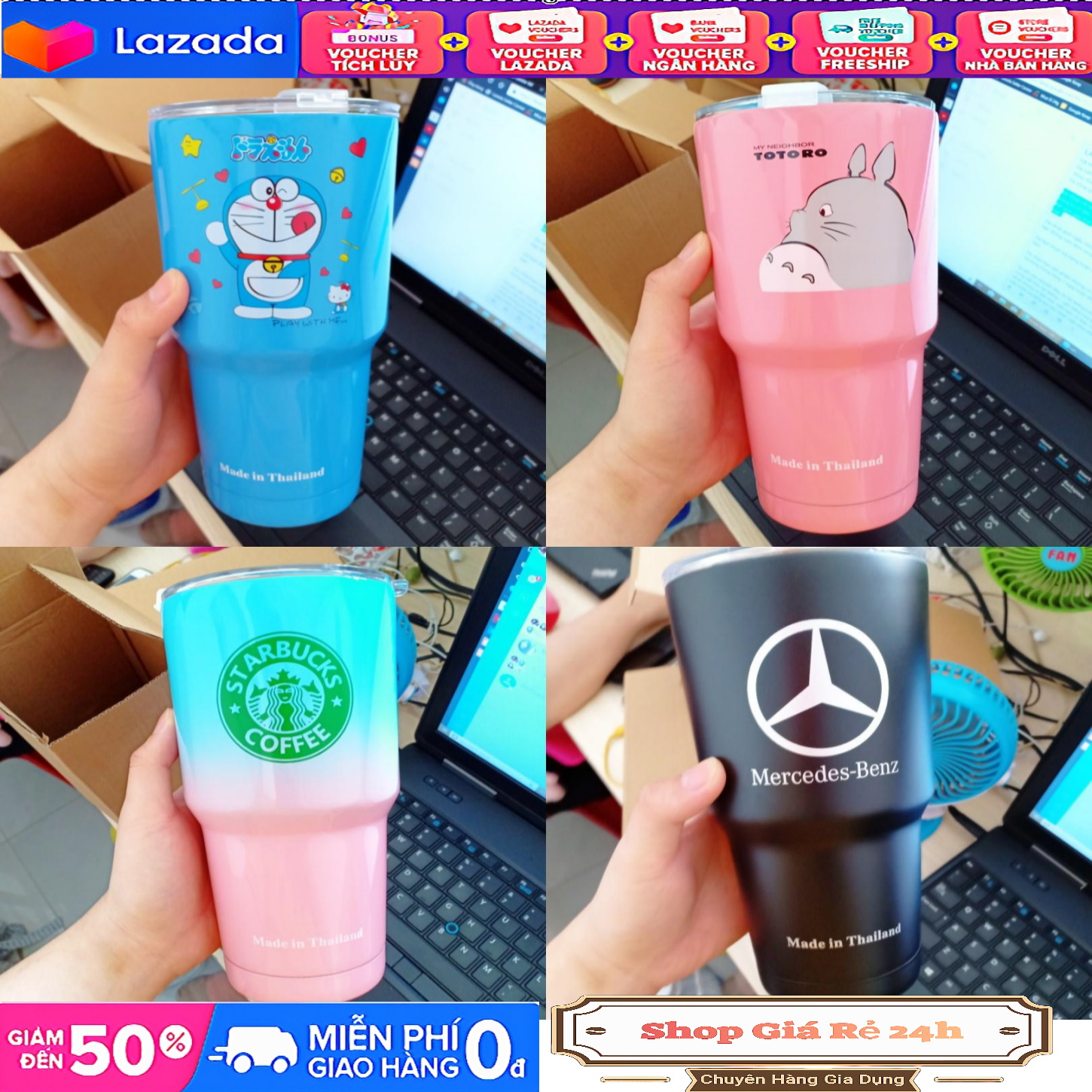 Ly giữ nhiệt chất liệu inox 900ml + ống hút inox + túi vải chống sốc- Cho Chọn Mẫu