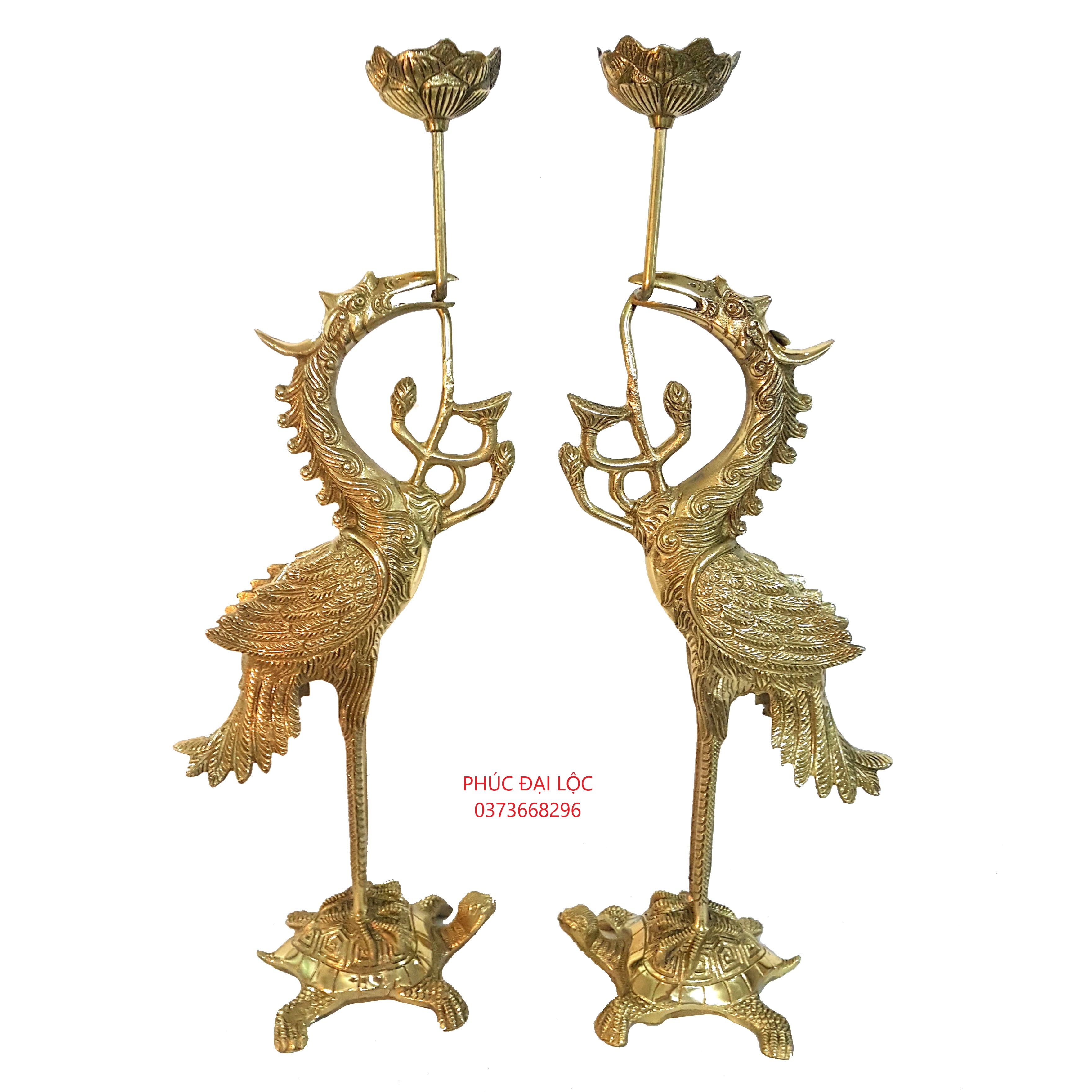 Đôi hạc cánh Đức Thúy số 2 (ĐT2) bằng đồng cao 44 cm màu vàng sáng bóng