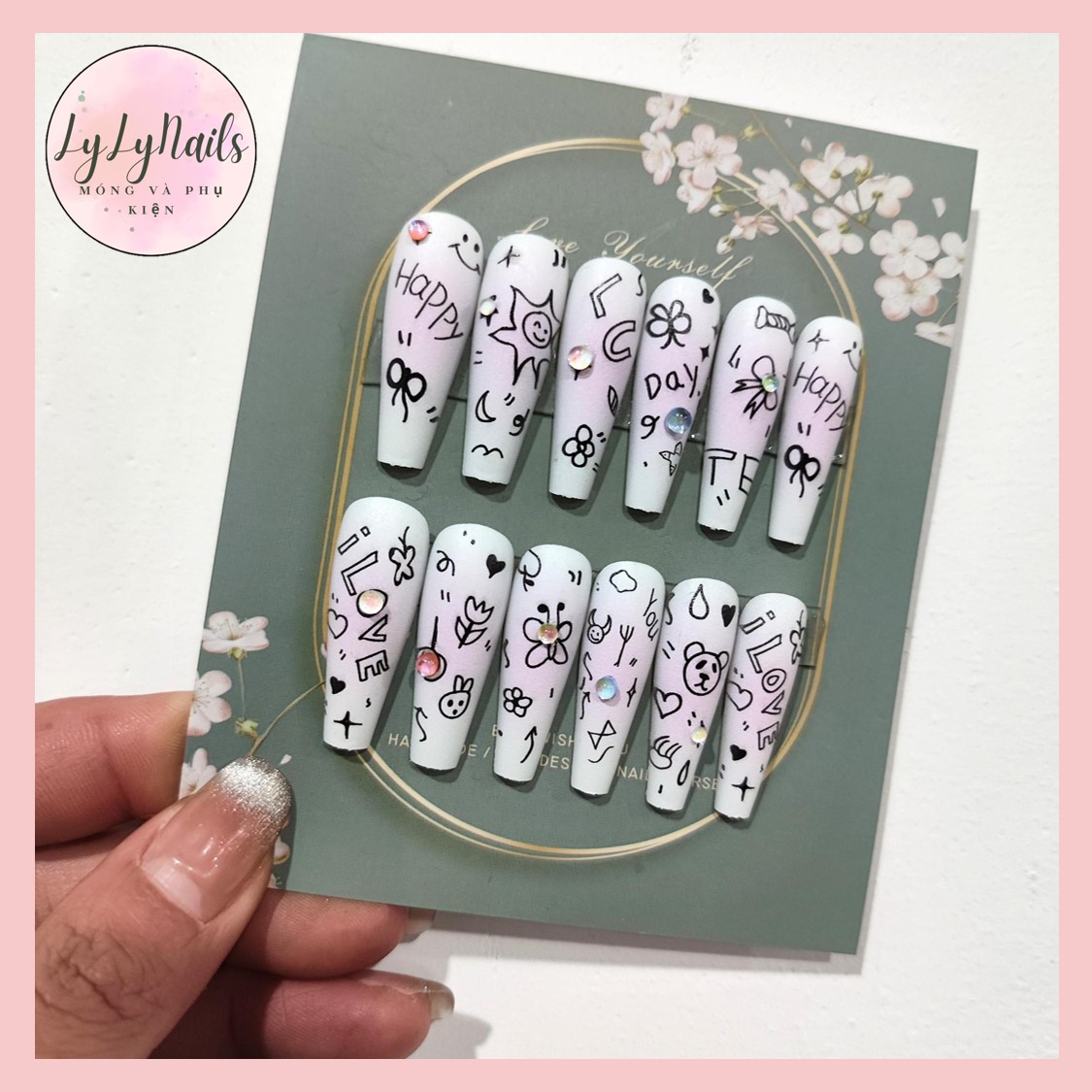 Set 24 móng tay giả, móng úp dạng dải móng, thang móng JJ09
