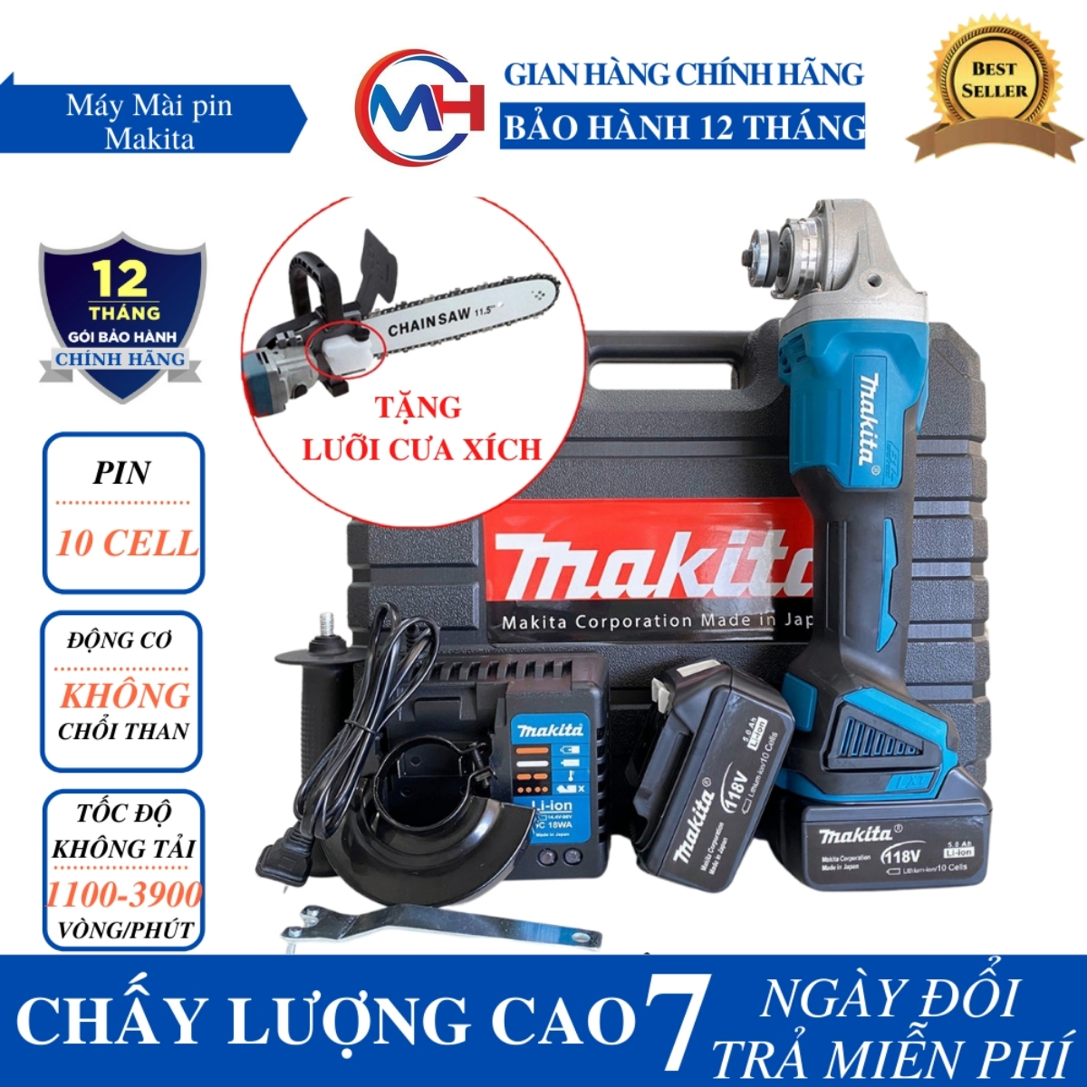Máy cắt cầm tay makita 118V - Máy mài pin không chổi than tặng kèm bộ lưỡi cưa xích cao cấp.