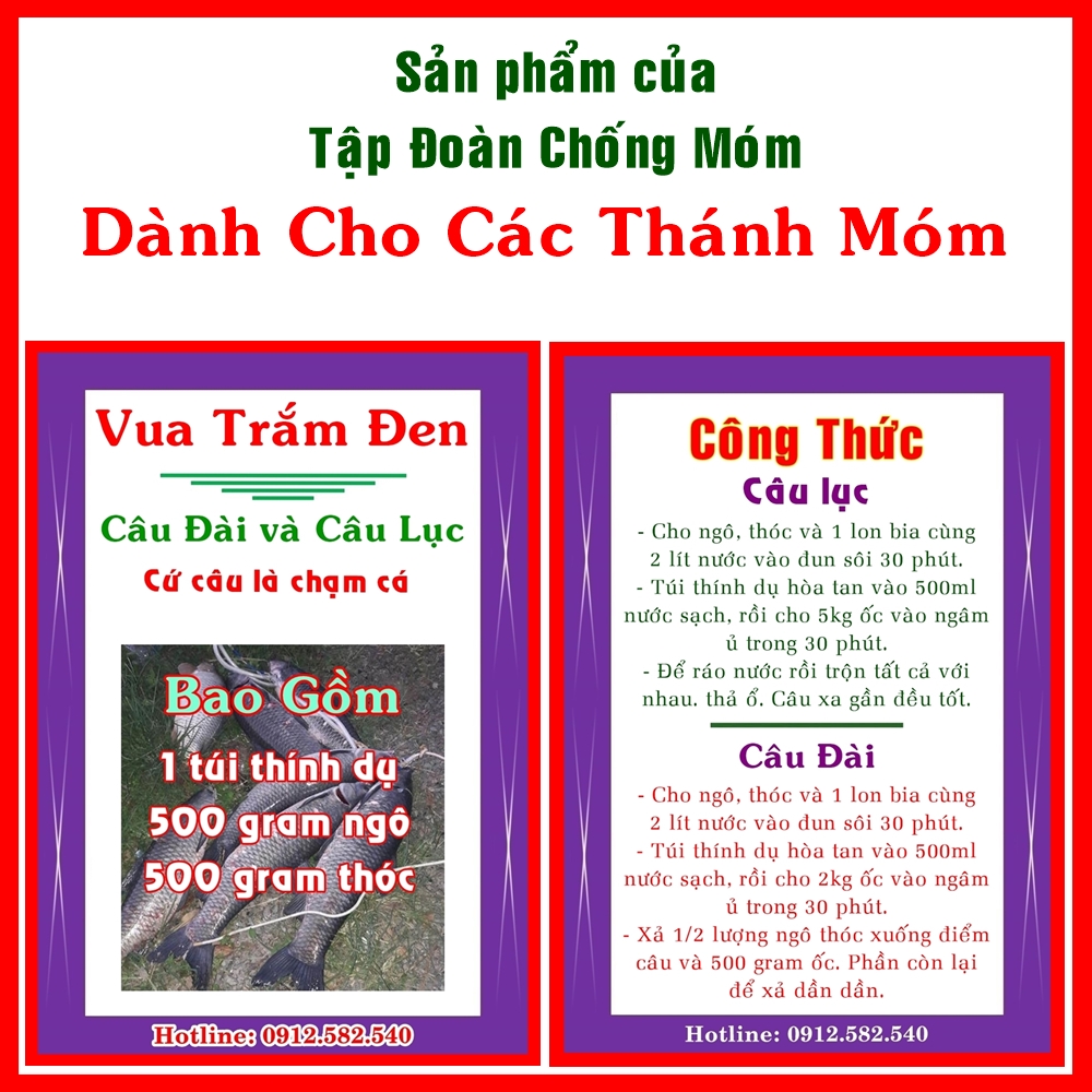 Thính trắm đen. Câu đài và câu lục. Vua trắm đen, gồm 1 túi thính dụ, 500 gram ngô hạt và 500 gram thóc thơm