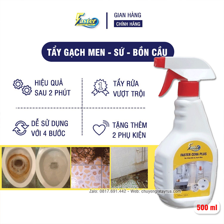 Dung Dịch Tẩy Gạch Men, Bồn Cầu (Tặng Thêm 2 Phụ Kiện) Bồn Sứ Nhà Tắm, Toilet Ố Vàng Sỉn Màu Đóng Cặn Lâu Ngày Faster