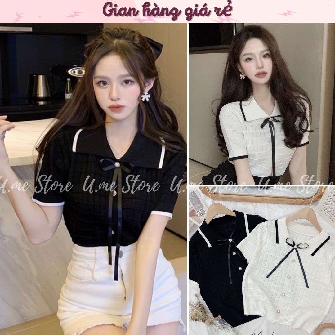Áo len Monotogi tay ngắn nơ cổ đính cúc ngọc điệu đà 2 màu đen/trắng sang chảnh, tiểu thư