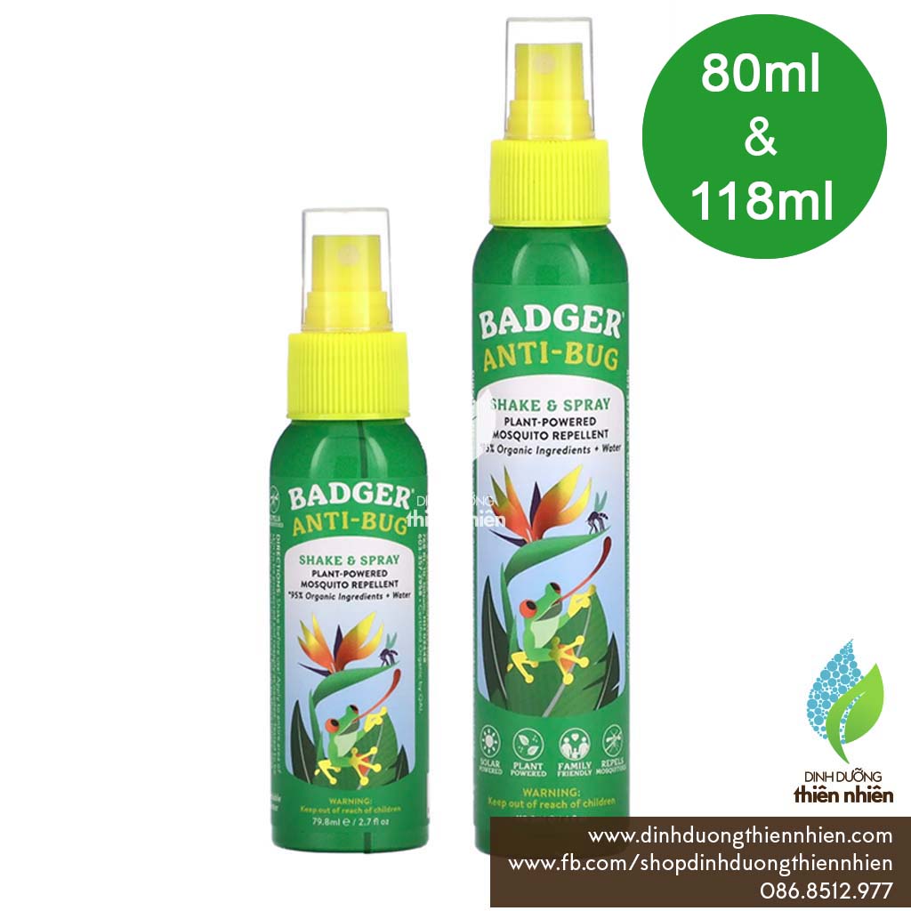 Chai xịt hữu cơ chống muỗi & côn trùng đốt badger anti bugs shake & spray, 80ml & 118ml