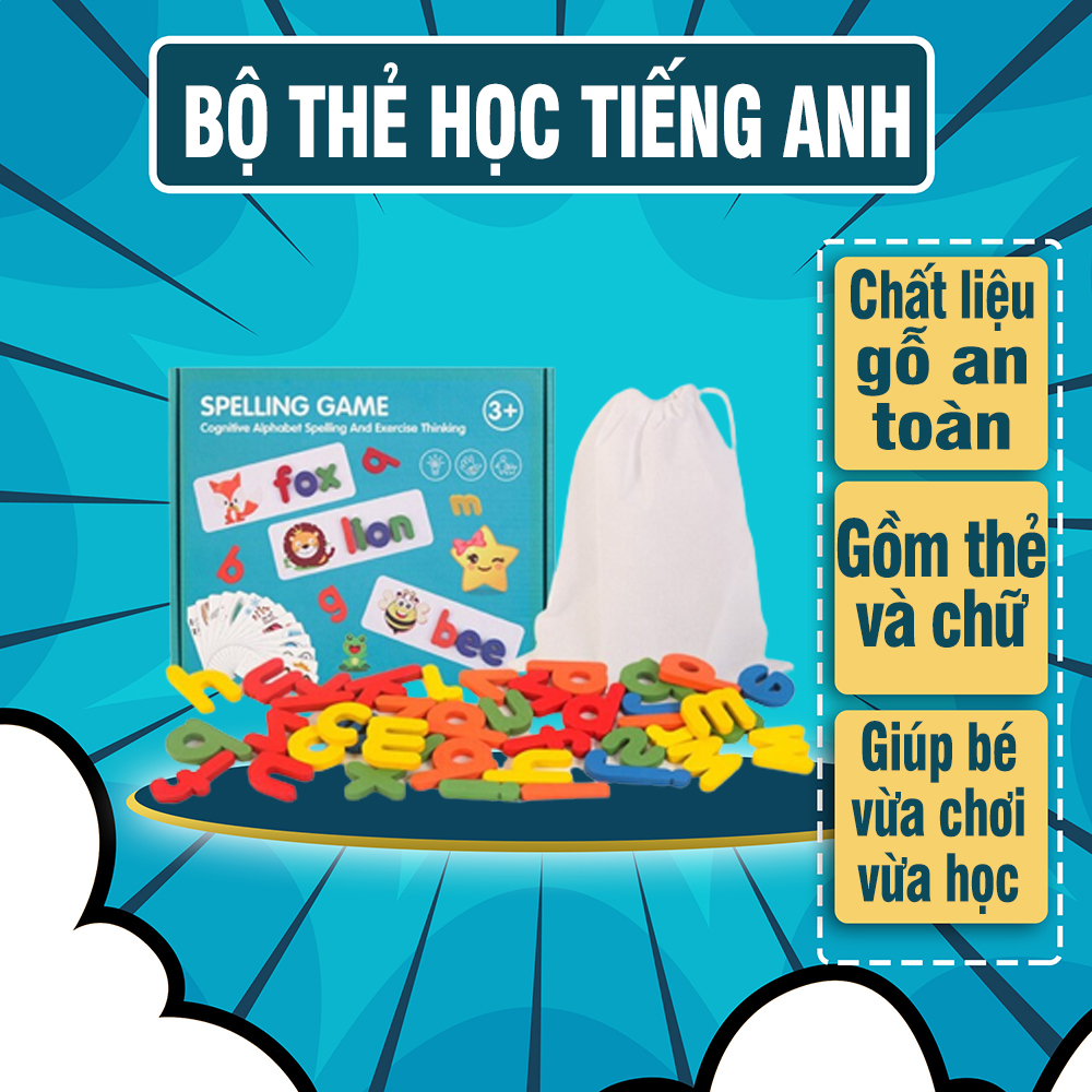 Bộ thẻ học chữ cái tiếng anh - 52 chữ cái - spelling game xếp ghép chữ tiếng anh cho bé - 52 bộ thẻ ghép chữ bằng gỗ học đánh vần tiếng anh kèm hình ảnh, đồ chơi thông minh, đồ chơi phát triển sớm cho bé - luna baby