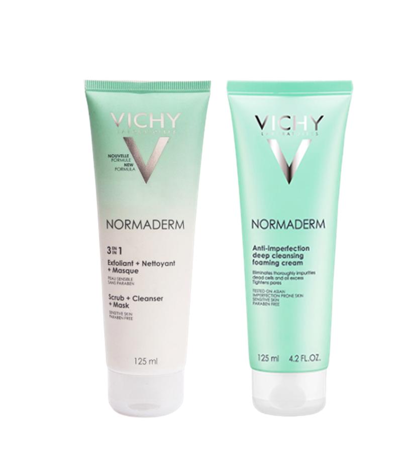 [HCM]Combo Kem Tẩy Tế Bào Chết 3 Tác Dụng Vichy Normaderm 3in 1 Scrub + Cleanser + Mask 125ml Và Sữa rửa mặt dạng kem giúp ngừa mụn & se khít lỗ chân lông Vichy Normaderm Foaming Cream 125ml