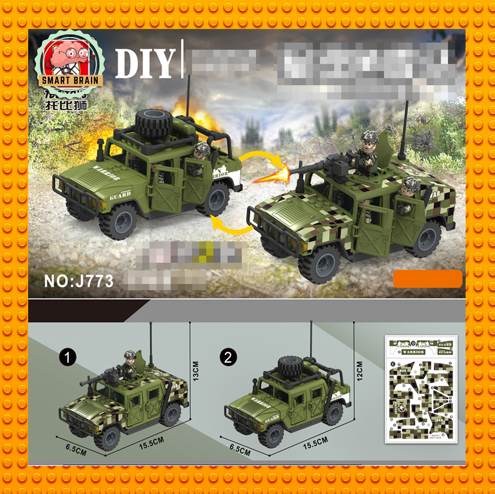 Đồ chơi lắp ráp Non Lego xe quân sự Hummer màu xanh (không kèm lính minifigure) Smart Brain Toys