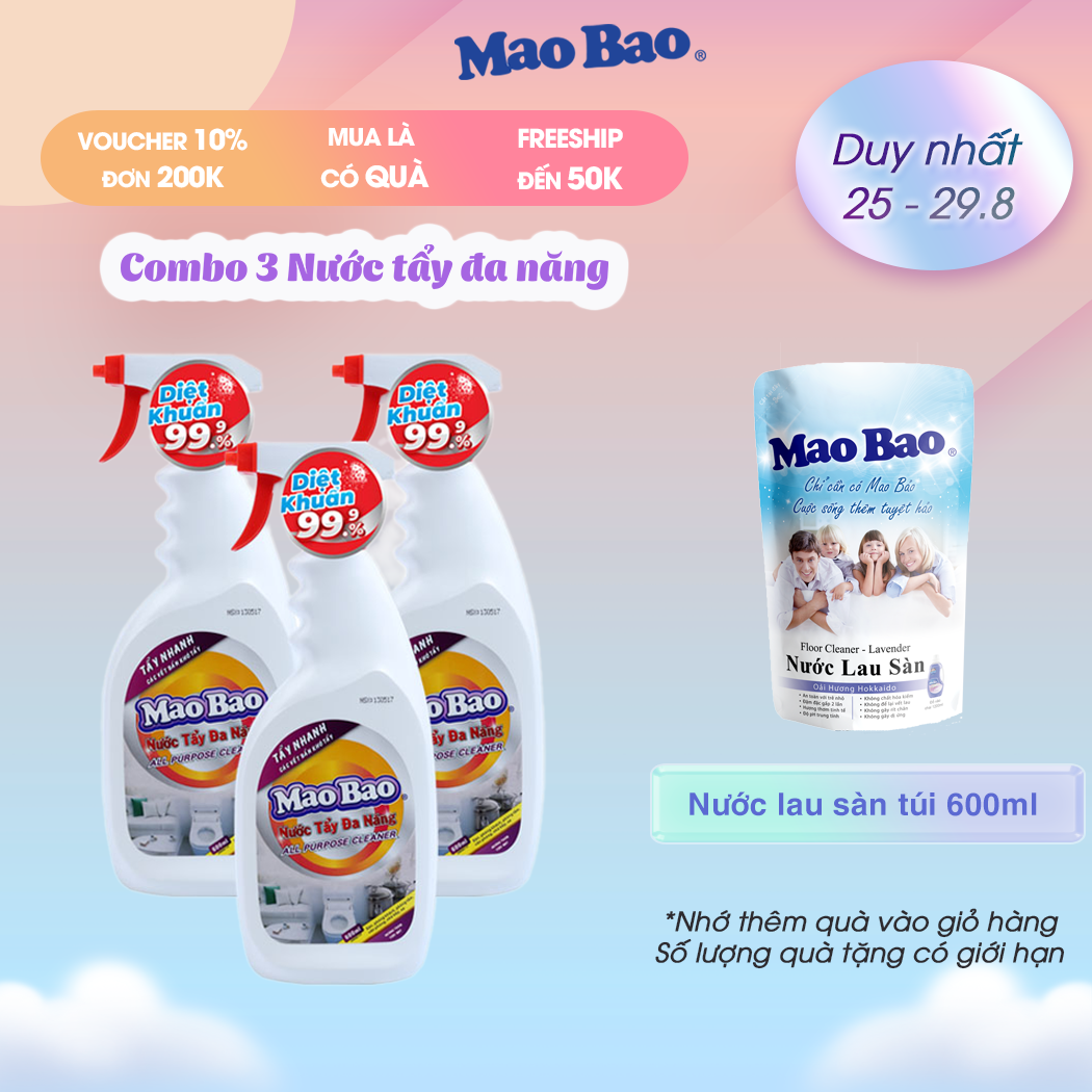 Combo 3 chai Nước tẩy đa năng Mao Bao 600ml dễ dàng tẩy sạch vết ố, dầu mỡ, gỉ sét, mùi thơm tươi mát