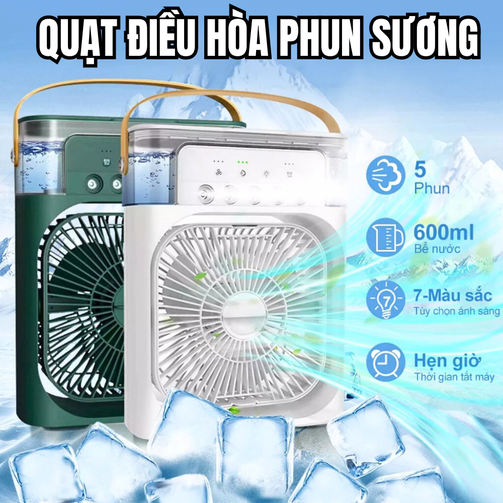 Quạt Điều Hòa Phun Sương Hơi Nước Để Bàn 600ML, Quạt Hơi Nước 3 Mức Gió 5 Vòi Phun Sương Siêu Mát Lạnh Tích Hợp Đèn LED Ngủ Sử Dụng Cổng Sạc USB Tiện Dụng