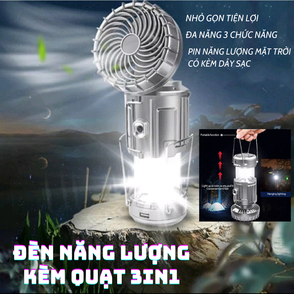 Đèn bão led năng lượng mặt trời đa năng 3 trong 1 tích hợp quạt, đèn pin, sạc điện thoại tiện lợi - đèn bão camping năng lượng mặt trời 3in1, đèn pin đa năng kiêm quạt mini, sạc dự phòng, công nghệ chống nước