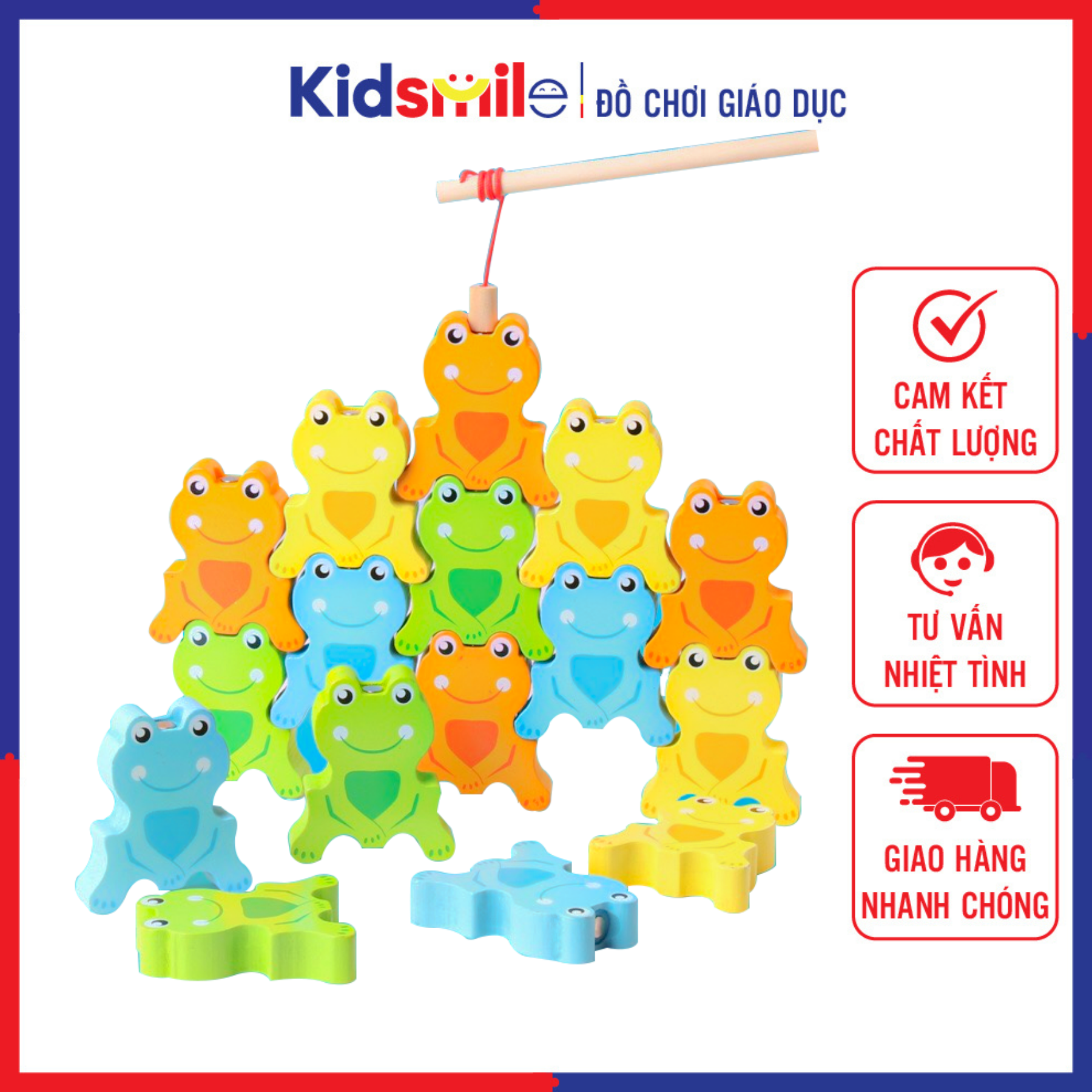 Đồ chơi trẻ em câu và xếp 16 chú ếch thăng bằng bằng gỗ tự nhiên siêu dễ thương, cho bé từ 2 tuổi trở lên vui chơi và phát triển kỹ năng khéo léo, tập trung, quan sát