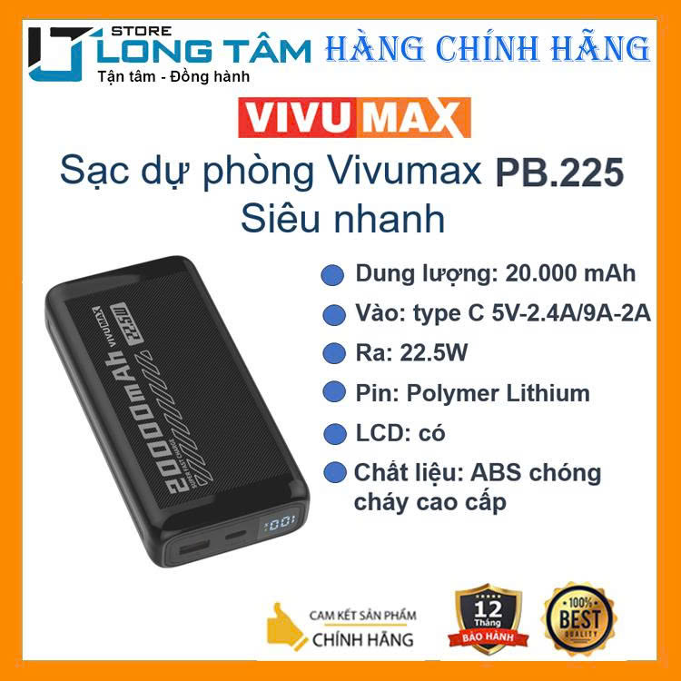 Pin sạc dự phòng Polymer 20.000mAh Vivumax P225 tích hợp cổng sạc Type C IN/OUT