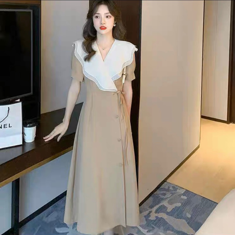 Đầm kem cổ bèo trắng ms71