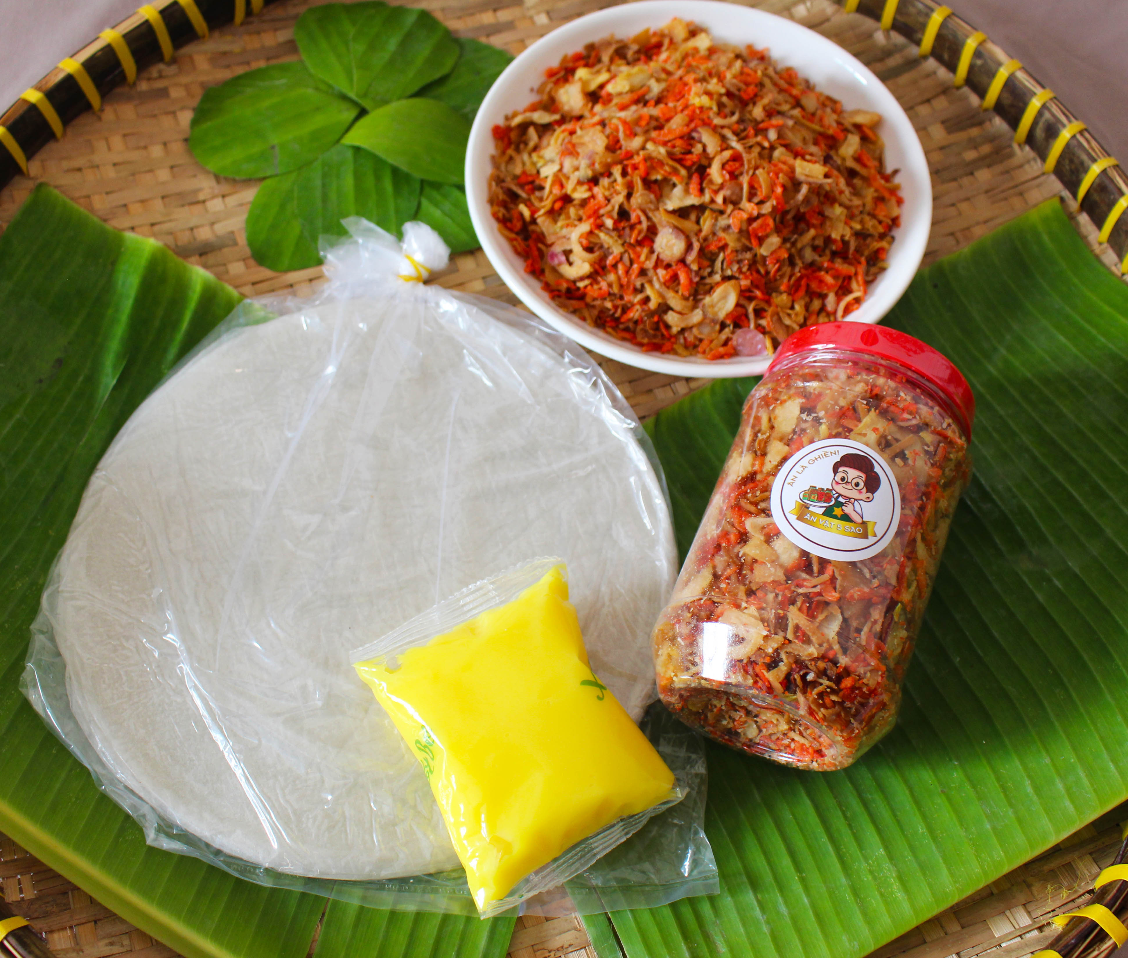 Combo Bánh tráng phơi sương 250gr + muối ruốc hành phi 200gr + bơ béo tặng kèm - Ăn vặt năm sao - Combo tiết kiệm 250gr