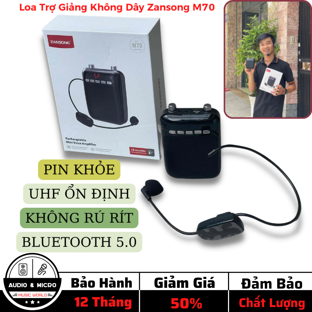 Máy trợ giảng cho giáo viên, Máy trợ giảng không dây, Loa trợ giảng mic không dây - Máy trợ giảng Zansong M70, kèm mic cài đầu không dây, nhỏ gọn pin bền, công suất lớn 15W đáp ứng cho phòng học tới 100 người - Bảo Hành 12 THÁNGNG