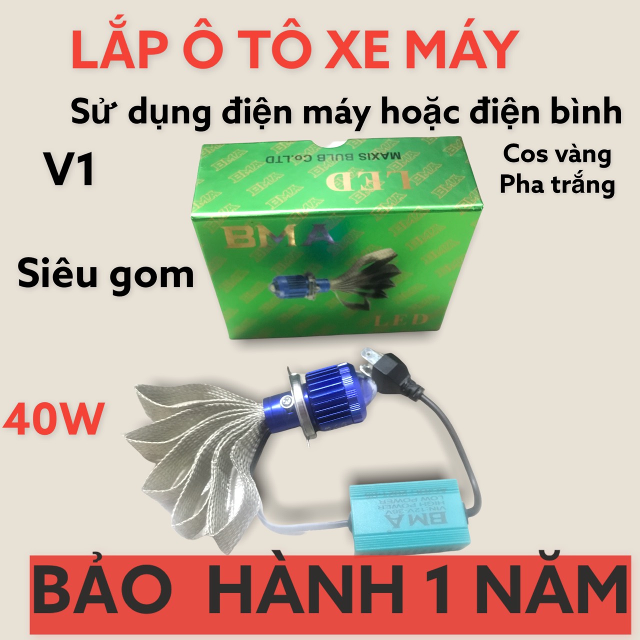 Đèn pha led BMA-V1 H4 Bi cầu chính hãng siêu sáng bảo hành 1 năm gắn pha xe máy.