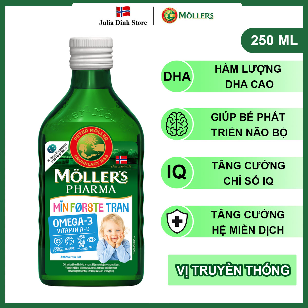 Dầu gan cá tuyết Omega 3 MOLLERS Pharma Min Forste Tran nội địa Na Uy - Hương vị truyền thống