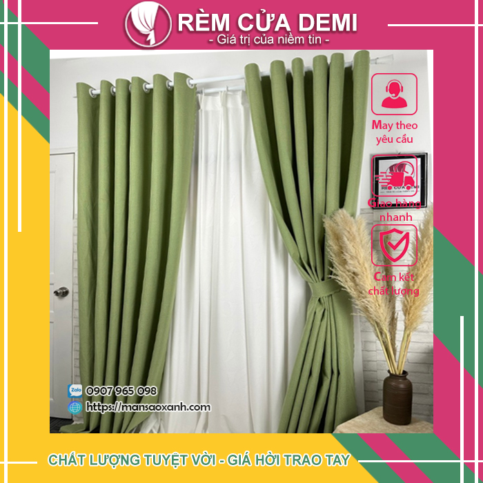 [Rèm cửa Demi] Rèm cửa sổ, rèm phòng Vải Polyester cao cấp MÀU TRÀ XANH SỮA (GREEN MILKTEA). Ghi chú: Nhận số đo theo yêu cầu.