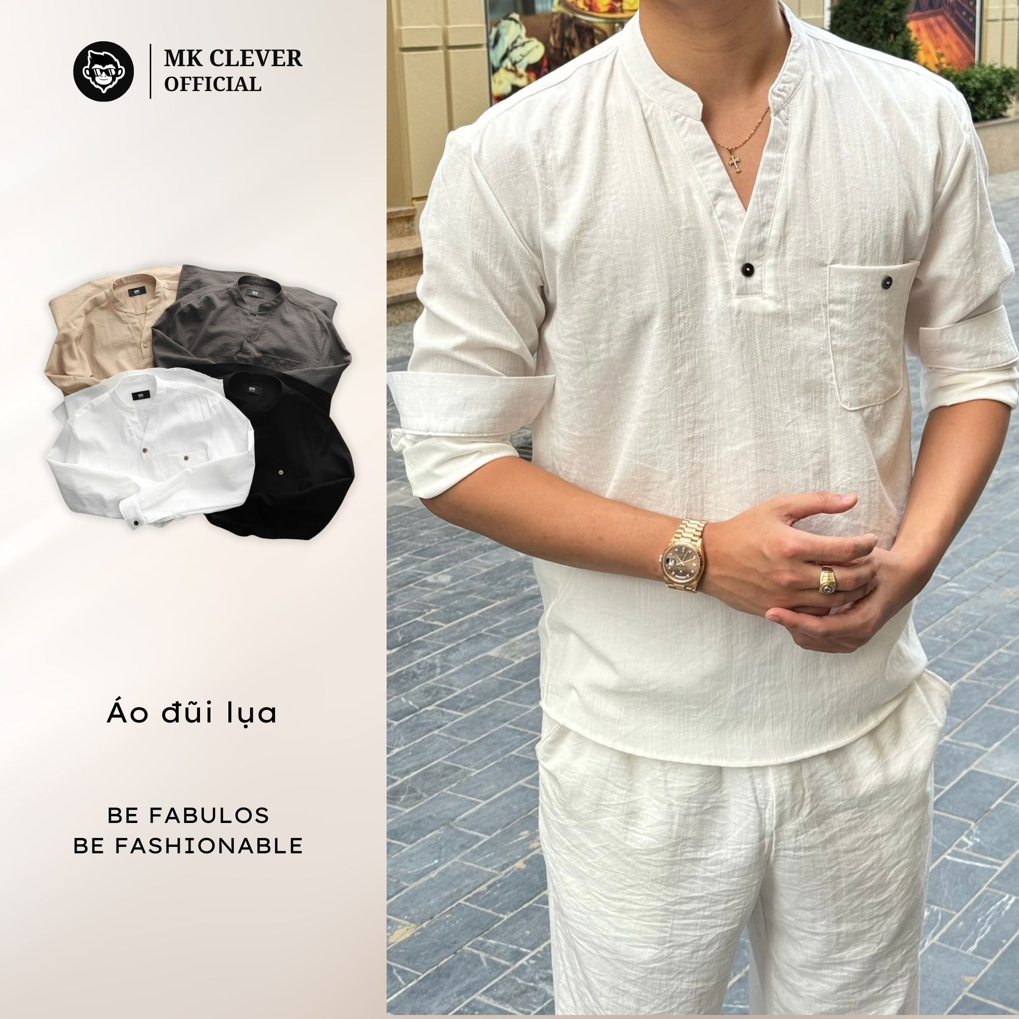 Áo đũi lụa nam dài tay mk clever chất liệu đũi lụa mềm mịn, thoáng mát