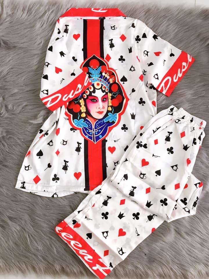 BỘ NGỦ MẶC NHÀ NỮ LỤA LATIN CAO CẤP HOẠ TIẾT LÁ BÀI TAY NGẮN QUẦN DÀI