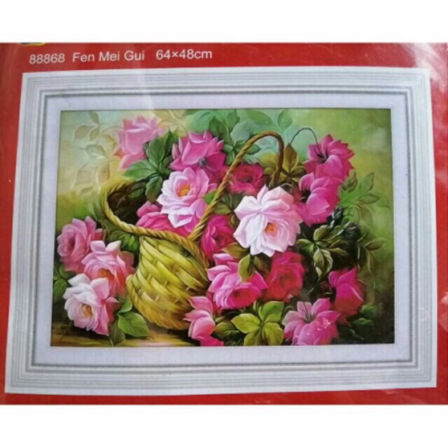 Tranh thêu chữ thập giỏ hoa hồng 88868 kt 64x48cm