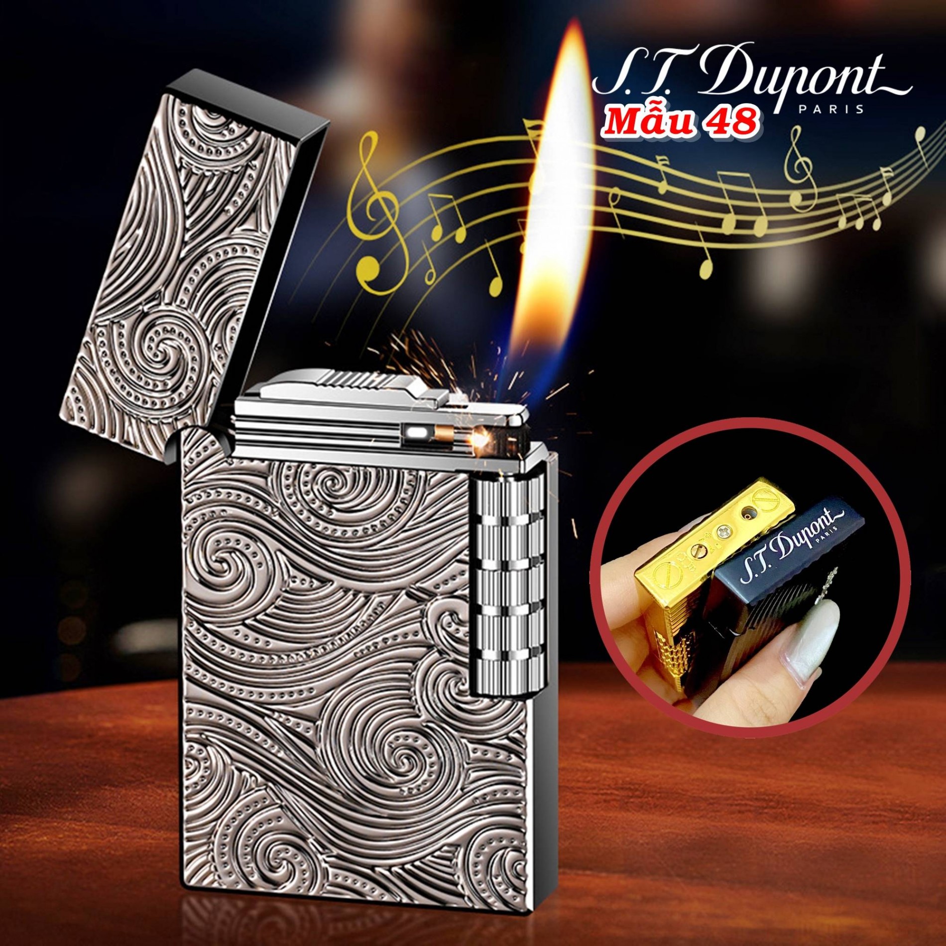 BẬT LỬA HỘT QUẸT DUPONT VÂN ĐÁM MÂY VÀNG - ĐEN - BẠC NHƯ HÌNH XÀI GAZ ĐÁ CÓ HỘP LÀM QUÀ TẶNG