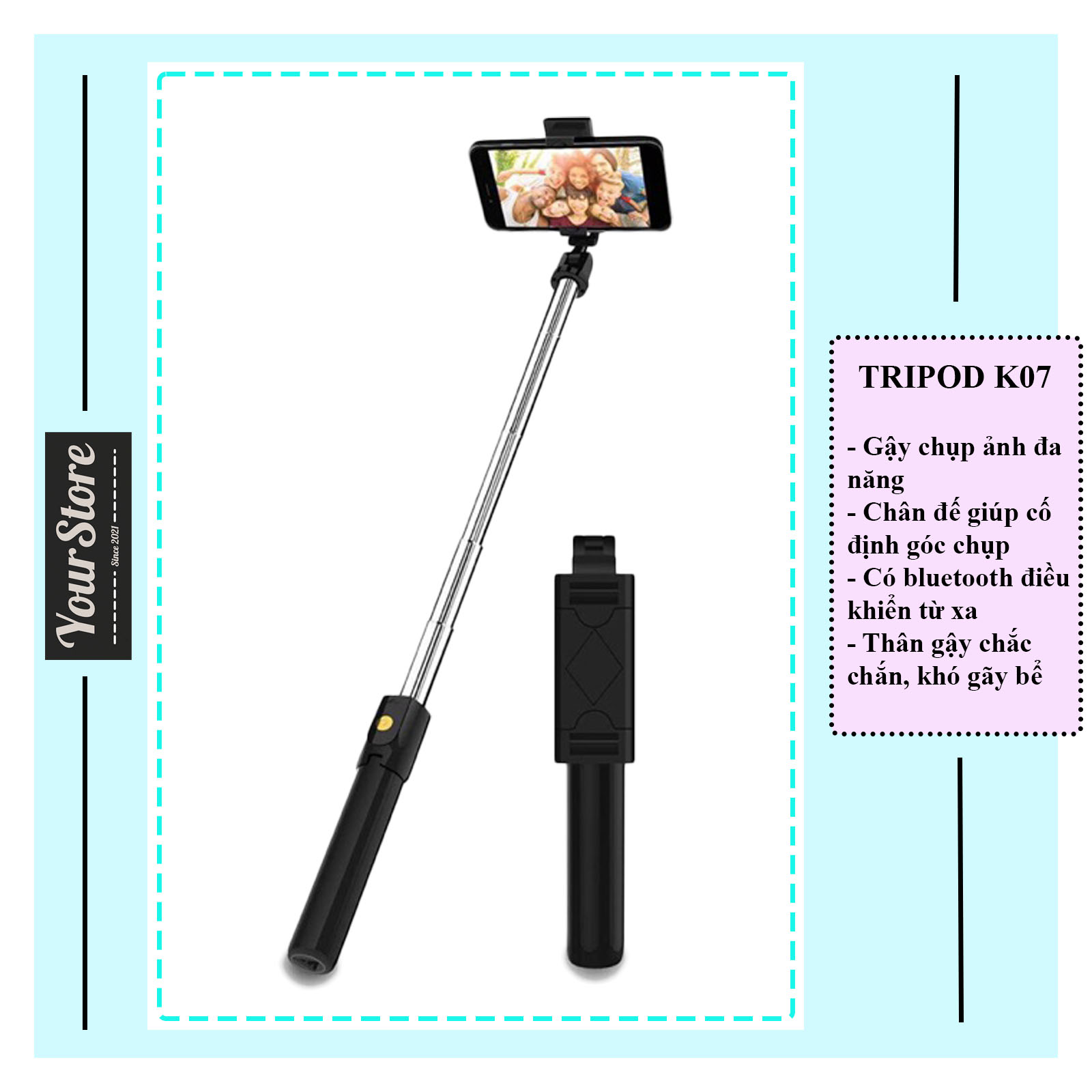 Gậy Chụp Ảnh Tự Sướng Bluetooth – Gậy chụp hình kiêm giá đỡ 3 chân – Tripod K07 – Chụp Hình Selfie