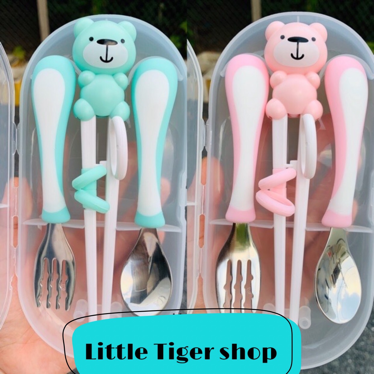 Bộ thìa nĩa đũa tập ăn cao cấp cho bé ???? Set đũa muỗng ăn dặm hình gấu - Có kèm hộp đựng