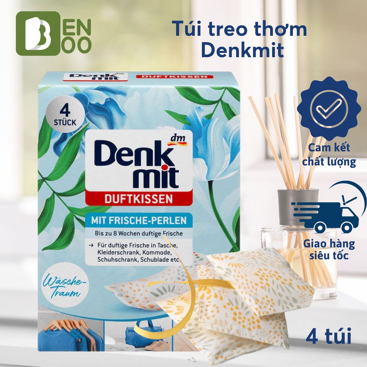 Túi thơm Denkmit mùi hương tự nhiên Treo Tủ Quần Áo, Treo Phòng, Tủ Giày, Nhà Tắm lưu hương lâu Nhập khẩu chính hãng Đức Hộp 4 túi