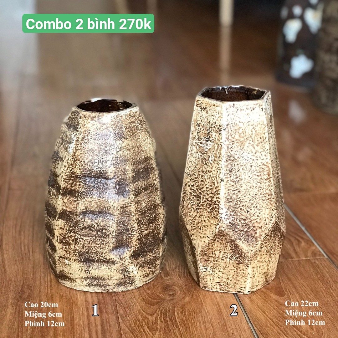 Set 2 bình hoa bát tràng hình tảng đá, set bình gốm lọ gốm men mộc gth94