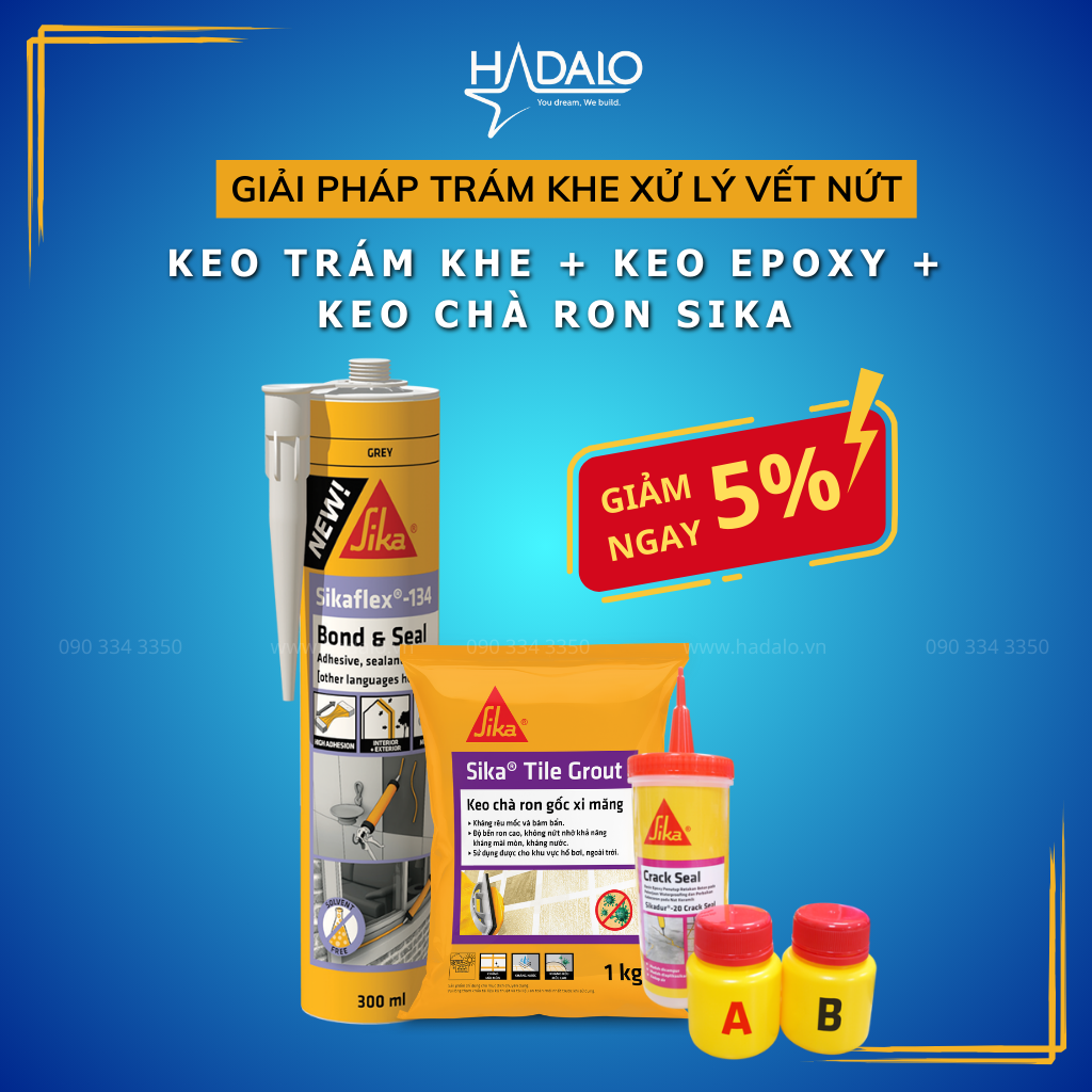 Combo Sika chống thấm sàn Sikaflex 134 Bond & Seal, Sikadur 20 Crackseal, keo chà ron Sika Tile Grout