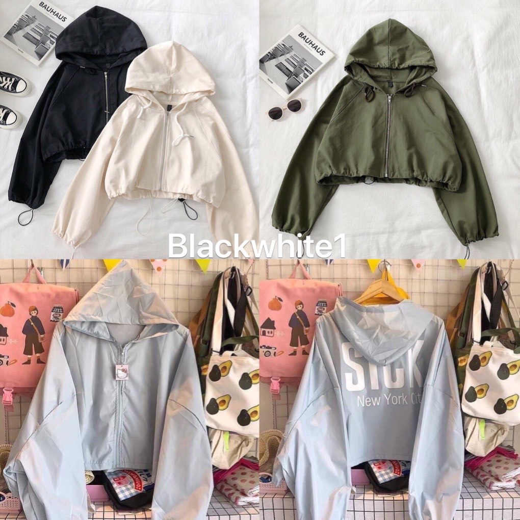 [HCM]Áo Khoác Dù Nữ Cánh Dơi Croptop Kèm Nón Cực Hot Trend Thời Trang Blackwhite1