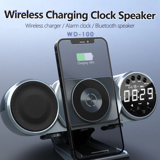 Loa Bluetooth đa năng WD-100, hỗ trợ sạc không dây, đèn RGB , đài FM, đồng hồ, sạc điện thoại