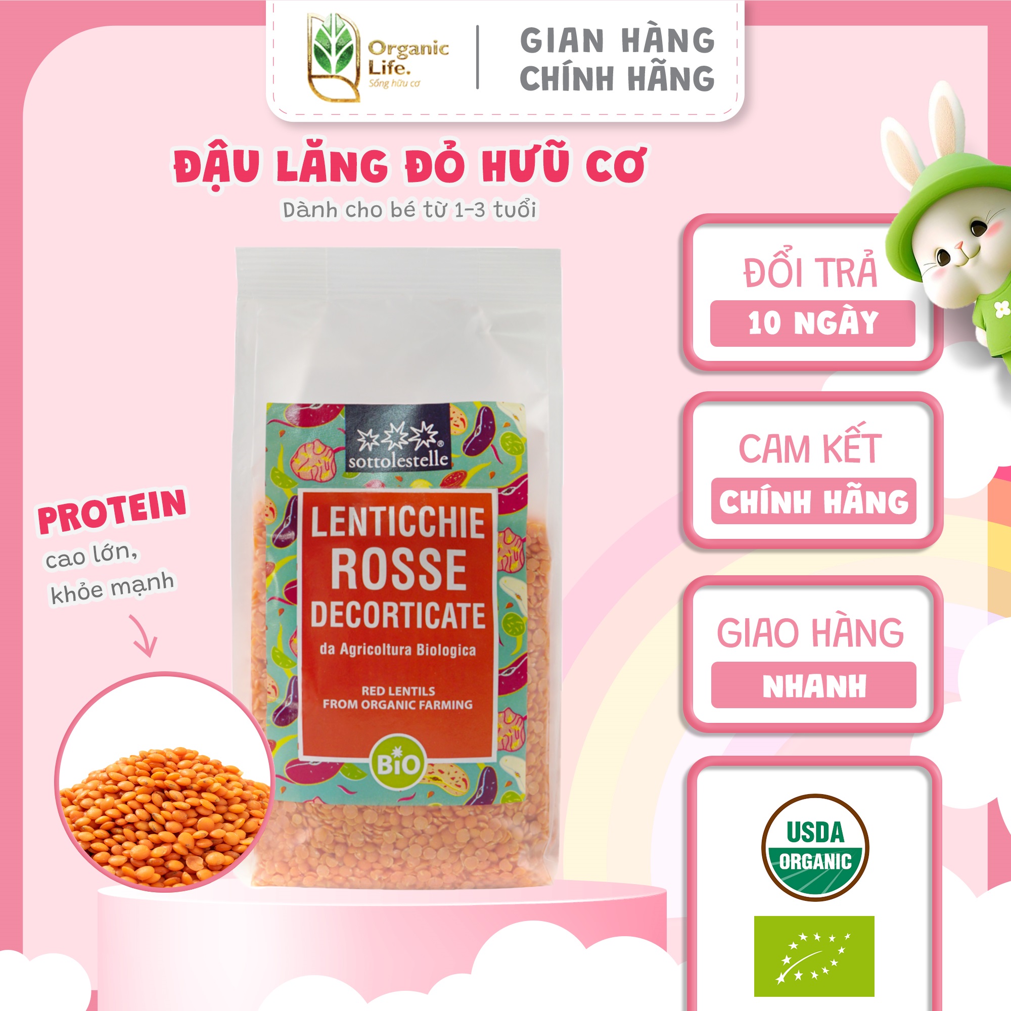 Đậu lăng đỏ hữu cơ không biến đổi gen organic life sottolestelle giàu dinh dưỡng đạt chuẩn chứng nhận hữu cơ châu âu
