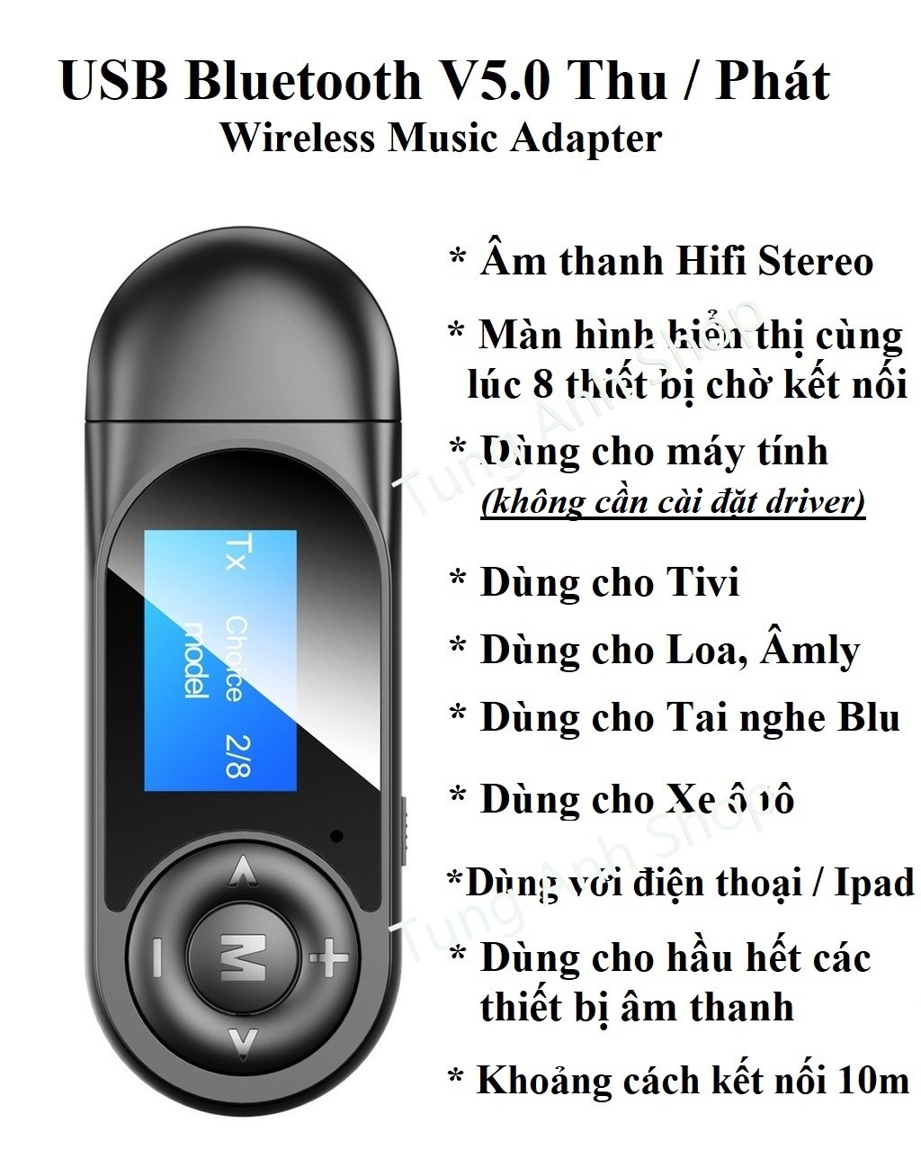 Thiết bị Usb Bluetooth 5.0 thu phát âm thanh Hifi Stereo có màn hình hiển thị các thiết bị kết nối cho Tivi, PC, Laptop, loa, âm ly, xe ô tô Jack3.5mm