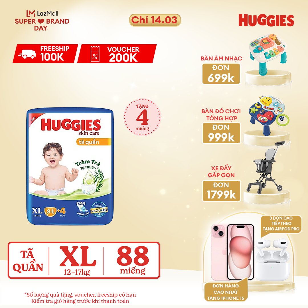 CHỈ 14.3 GIẢM THÊM ĐẾN 120K Gói Tã/bỉm quần HUGGIES SKINCARE MEGA JUMBO size XL844 miếng