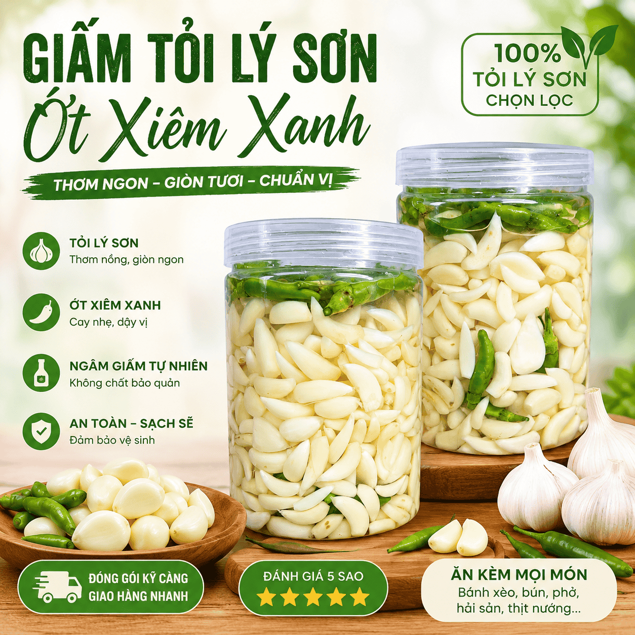 500G Giấm Tỏi Lý Sơn Ớt Xiêm Xanh – Tỏi Tép Nhỏ Nhiều Tép, Ngâm Chua Ngọt Vừa Ăn, Giòn Thơm, Đặc Sản Đảo Lý Sơn