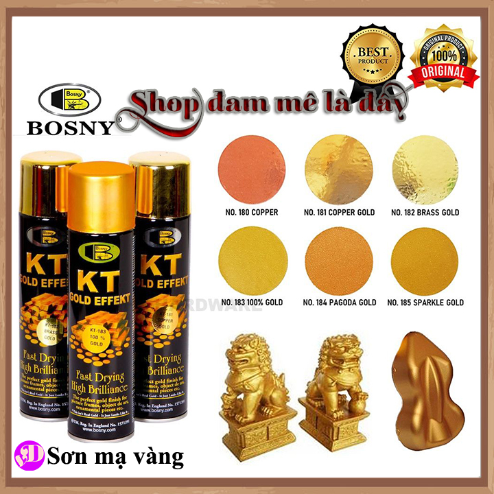 Bình xịt sơn vàng KT gold effect Bosny Thái Lan - Sơn nhũ vàng 24k, sơn nhũ đồng, sơn nhũ vàng
