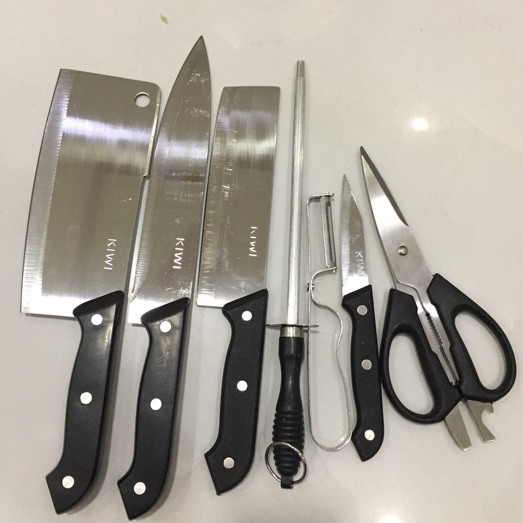 Bộ dao Kiwi 7 món đa năng - Dao cắt thịt bản lớn - Dao làm bếp - Dao cắt trái cây - Kéo đa năng - Bào vỏ - Mài dao kéo