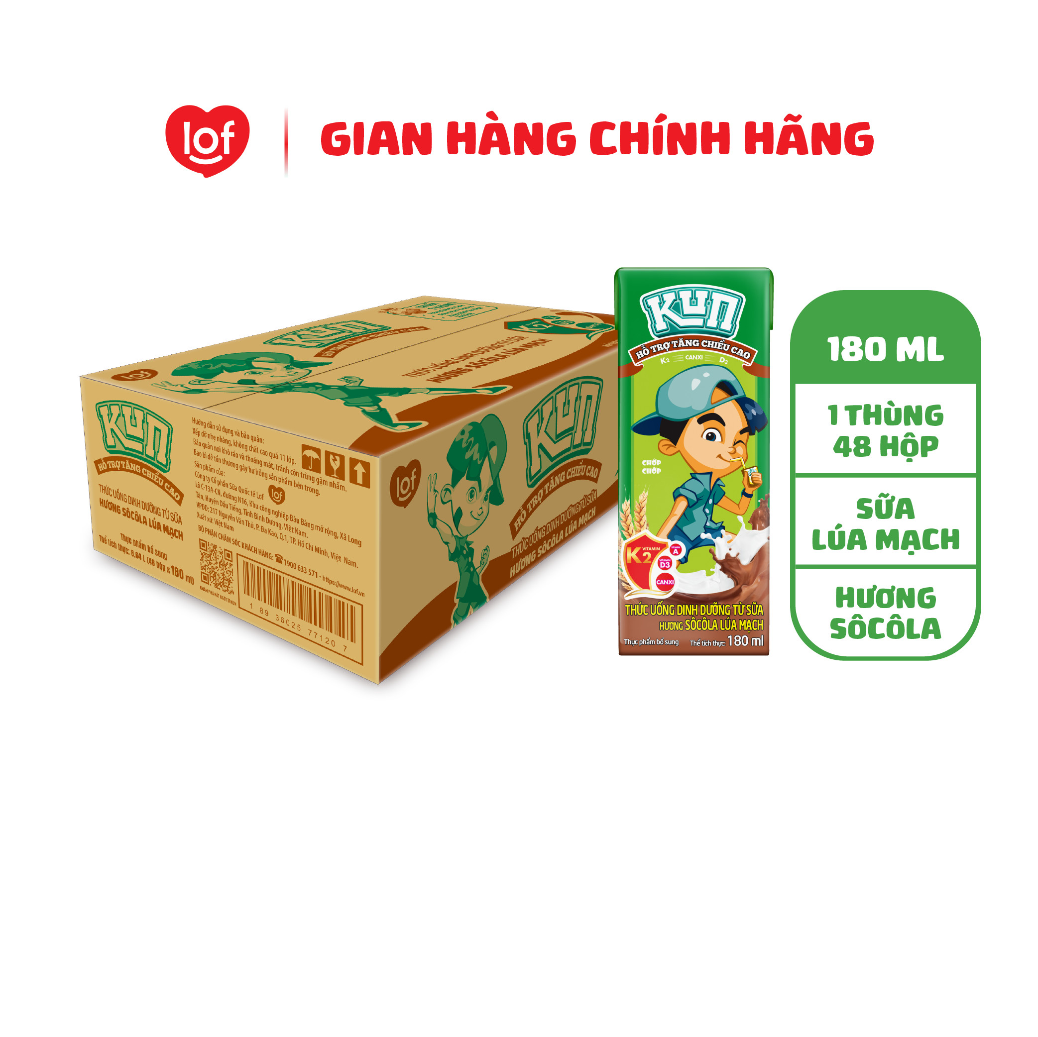 Sữa lúa mạch KUN vị socola thùng 48 hộp x 180ml