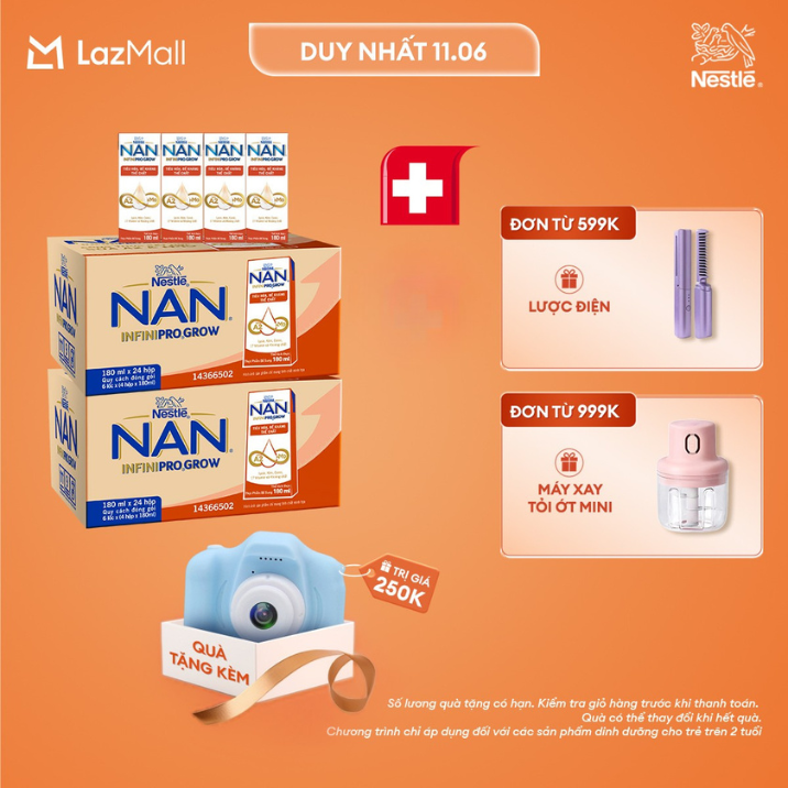 [Chỉ 11.06 QT Đơn 599K/999K/1299K][Tặng máy chụp ảnh] Combo 2 Thùng 24 hộp sữa pha sẵn Nestle NAN INFINIPRO GROW với công thức vượt trội kết hợp sữa A2 và HMO hỗ trợ tiêu hóa, đề kháng và phát triển thể chất (4x180ml)