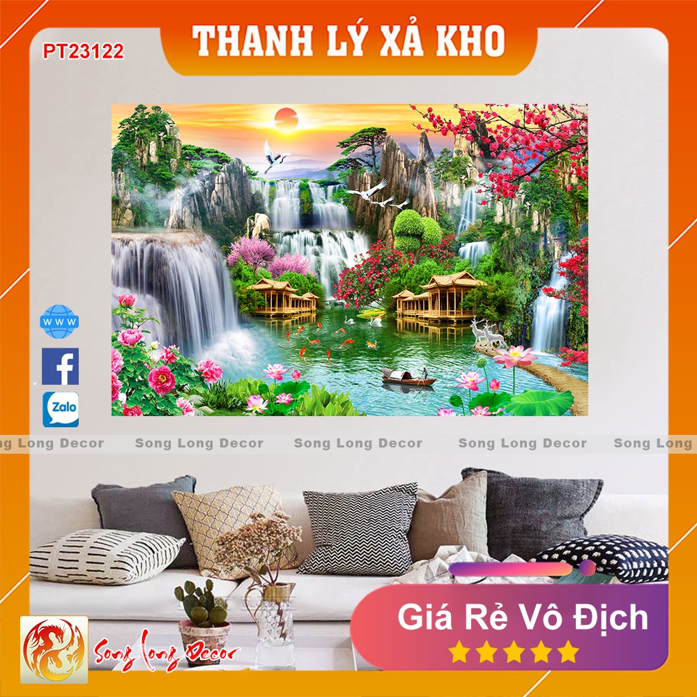 Tranh dán tường 3d Sơn Thủy Hữu Tình -PT23122 Tranh 3D Phong Thủy- Giấy dán tường 3d - Song Long Decor -