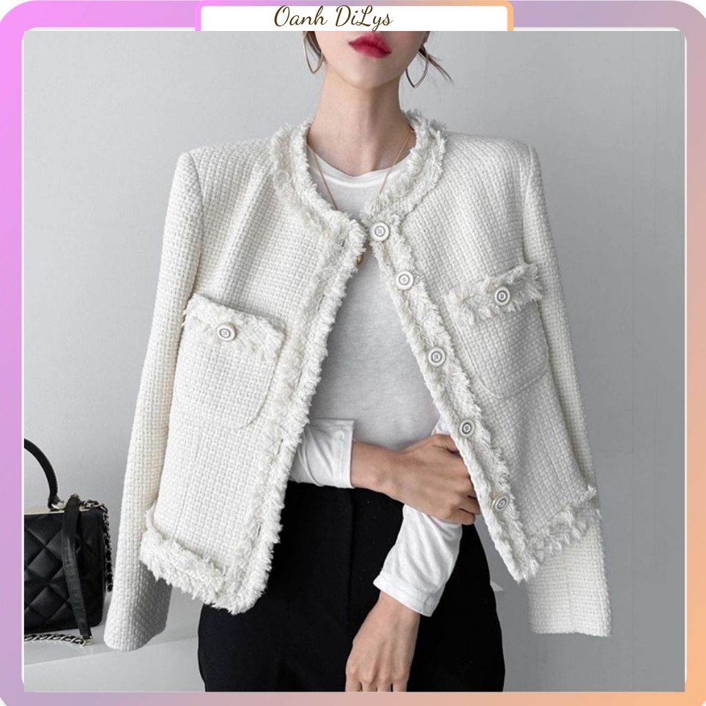 Áo dạ tweed nữ, áo khoác dạ cổ tròn dễ mặc đồ phong cách Hàn Quốc 2021